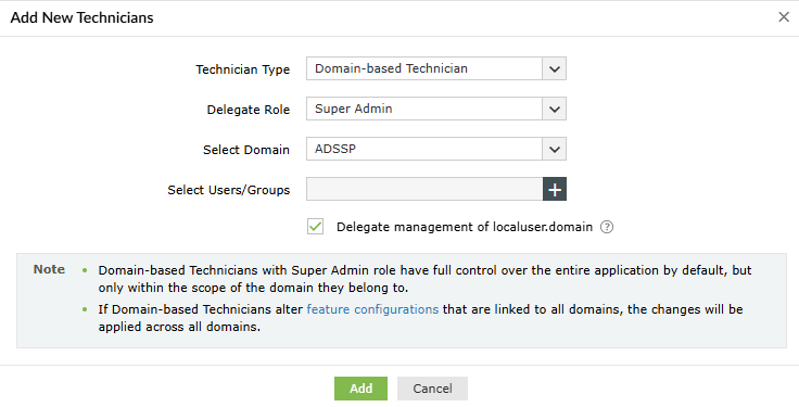 Adding new domain technicians in ADSelfService Plus