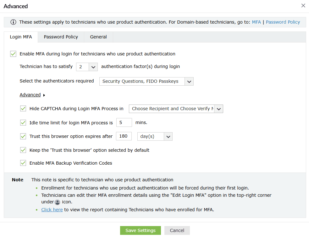 Advanced technician settings in ADSelfService Plus