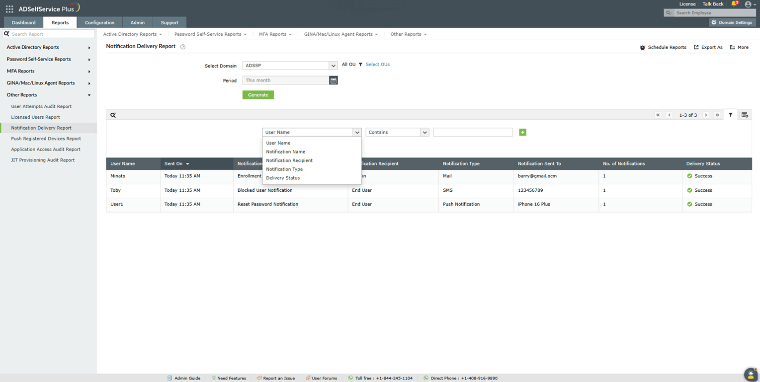 Filtering the Notifications Delivery Report in ADSelfService Plus