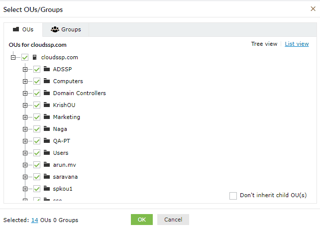 Configuring specific OUs for policies in ADSelfService Plus.