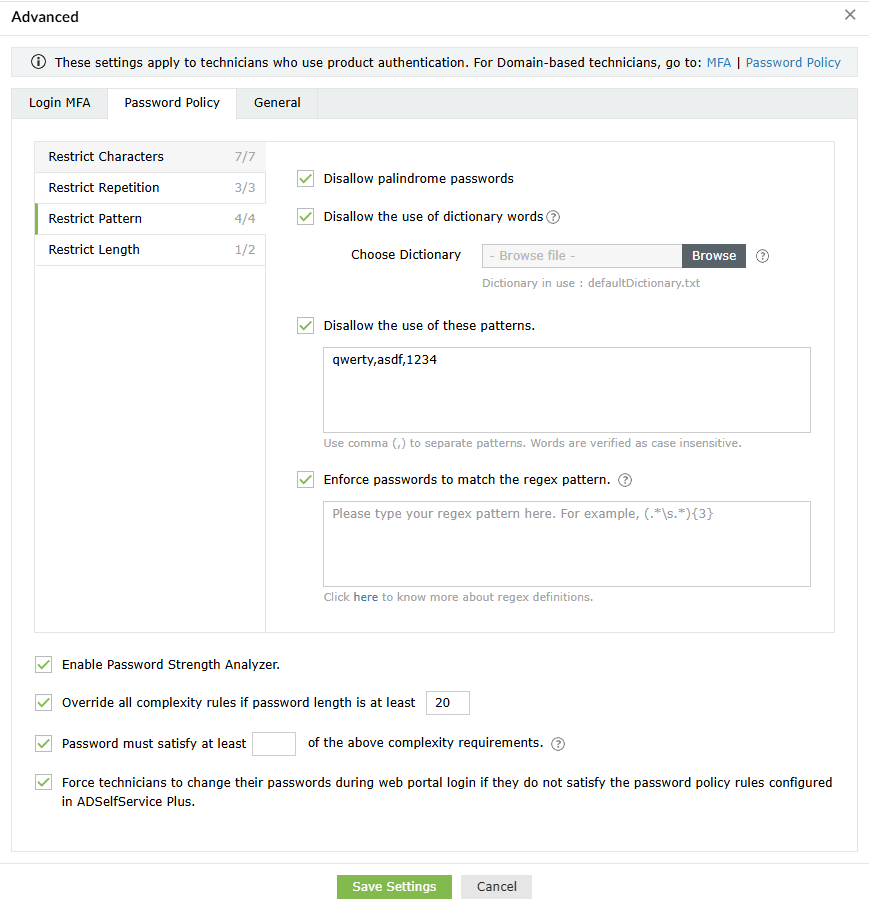 Password policy to restrict patterns in ADSelfService Plus